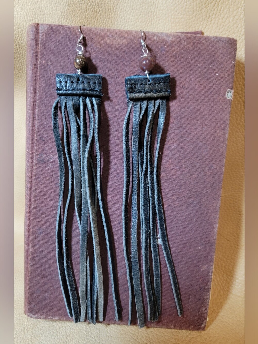 Handmade Leather Fringe With Agate Bead Earrings